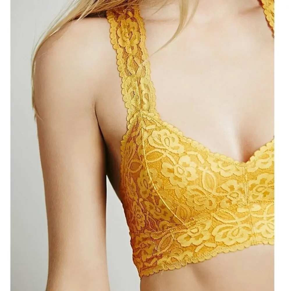 Free People Goldenrod Floral Lace Gallon Open Back Halter Bralette XS Yellow
